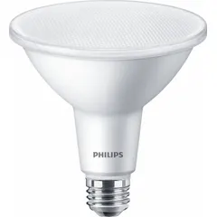 PHILIPS PAR38 LED lamp with clear finish, medium screw (E26) base, 10W power consumption, 2700K color temperature, and 1000 lm light output. Operates at 120V and is shatter-resistant. Suitable for accent, track, and recessed lighting in commercial and industrial environments.