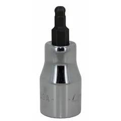 Ball-end hex bit socket with 3/8 in drive and 3/16 in SAE tip size. Ball hex tip allows off-angle access to hex fasteners in confined spaces. Replaceable insert design. Suitable for driving hex fasteners in assembly and maintenance tasks.