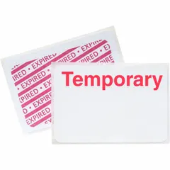 White vinyl adhesive ID badge with red markings indicating expiration. Each badge measures 2 inches high by 3 inches wide. Supplied in a 500-pack for temporary identification and access control at facilities, events, or secure areas.