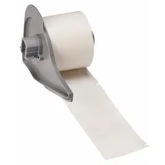 Precut wraparound label roll for wire and cable identification. White matte vinyl material, 4 in x 1 1/2 in size, suitable for wire gauges from 1 AWG to 500 kcmil. Compatible with BMP71 printer series and requires M7-R4300 ribbon. Used for permanent labeling in electrical panels, data centers, and maintenance applications.