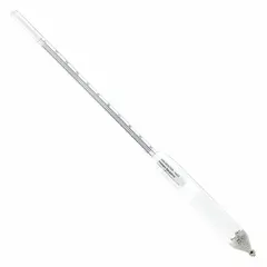 Type 1.0 hydrometer for measuring sodium chloride saturation in brine solutions. Range 0 to 100% saturation, scale divisions of 1.0. Used to monitor brine concentration in food processing, water treatment, and industrial cooling systems.