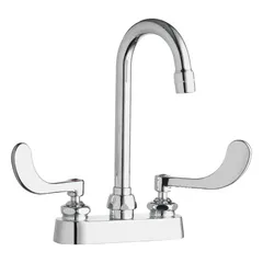 This centerset kitchen faucet is constructed from cast brass with a polished chrome finish. Designed for deck mounting, it is suitable for kitchen or bathroom installations where a gooseneck spout and durable metal construction are required.
