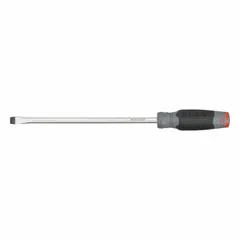 General purpose slotted screwdriver with a 3/8 in tip size. Extra-long design with 10 in shank length and 15 in overall length. Cushion grip for user comfort. Suitable for accessing fasteners in deep or confined spaces in industrial maintenance and assembly tasks.