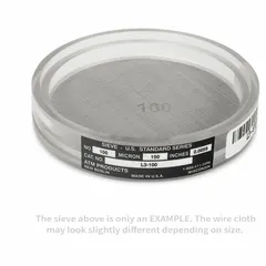 Ultrasonic test sieve with #25 stainless steel screen and acrylic frame. Outside diameter 3 1/2 in, height 5/8 in. Meets ASTM E11 standards. Used for particle size analysis and classification of granular materials in laboratory settings.