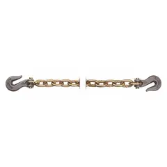 Carbon steel transport chain with welded straight links, 10 ft overall length, weighing 1.38 lb per foot. Includes a grab hook. Designed for tie-down and securing cargo during transport; not for lifting.