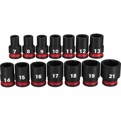 This 14-piece metric impact socket set features a 3/8 in drive size and includes sockets ranging from 7 mm to 21 mm. Designed for use with impact tools, it is suited for fastening or loosening nuts and bolts in applications such as automotive repair and industrial assembly. The friction retention mechanism ensures secure socket attachment during operation.