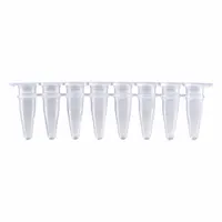 Polypropylene PCR strip tubes with 0.2 mL capacity, round bottom, and natural body color. Supplied sterile with attached flat cap strips (colorless closure). Designed for thermal cycling in polymerase chain reaction (PCR) workflows for DNA amplification in laboratory settings