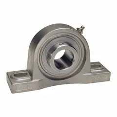 Stainless steel washdown pillow block ball bearing with set screws for shaft mounting. Inch-system design with 1 1/4 in bore, 1 7/8 in shaft height, and 1/2 in mounting bolt size. Rated for 385 RPM maximum speed with grease lubrication. Meets AFBMA standards. Suitable for applications requiring resistance to washdown environments.