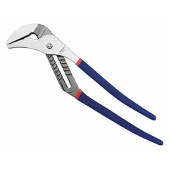 Flat-jaw tongue and groove pliers with a serrated groove joint. Overall length of 20 inches and a maximum jaw opening of 4-1/2 inches. Used for gripping and turning fasteners or pipes within its capacity in industrial, plumbing, and mechanical applications.