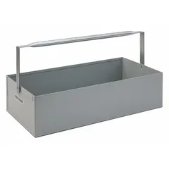 This steel nipple caddy features a single compartment for organizing and transporting pipe nipples and tools. Dimensions are 5 1/16 in height, 20 1/8 in width, and 20 in length. Suitable for use in industrial maintenance and plumbing applications.