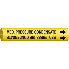 Yellow snap-on pipe marker with black legend 'Med. Pressure Condensate' and directional arrows. Fits pipe outer diameters of 4 to 6 inches. Used to identify medium-pressure condensate lines in industrial piping systems.