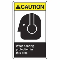 Adhesive-mounted vinyl safety labels, 5 in x 3 1/2 in nominal size, 0.02 in thick. Each label displays 'Warning: Wear Hearing Protection In This Area' to alert personnel. Suitable for application on walls, doors, or machinery in industrial environments where hearing protection is required.