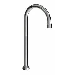 This gooseneck spout features a swivel design and is constructed from brass with a polished chrome finish. It includes mounting hardware and delivers a laminar flow pattern with a UNEF connection. Suitable for commercial kitchens, laboratories, and industrial wash stations requiring a high-arc swivel spout.