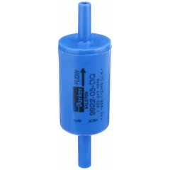 Disposable compressed air filter with polyvinylidene fluoride construction. Features 1/4 in tube connection, 0.01 micron filtration rating, 8.3 cfm flow capacity, and 93% efficiency. Used in pneumatic systems to remove particulates from compressed air lines.