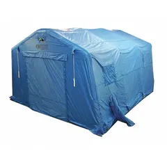 This inflatable shelter provides a covered space of 17 ft length, 13 ft width, and 9 ft height. Constructed from HD PVC/Nylon in blue polyester, it includes tie-down ropes for securing. Suitable for outdoor events, emergency response, or field operations.