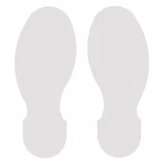Solid white footprint-shaped floor marking tape with no legend, measuring 3 1/2 in x 10 in per piece. Made of 8 mil thick polyester backing for durable adhesion. Used to indicate standing positions, walkways, or operator locations in industrial facilities.