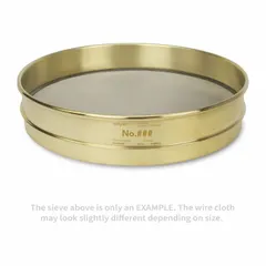 Test sieve with #45 US Standard Screen Size, 12 in outside diameter, and 2 5/8 in height. Stainless steel screen cloth in a brass frame. Meets ASTM E11 standards. Used for particle size analysis and gradation testing of granular materials in laboratory and industrial quality control applications.