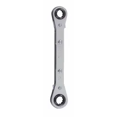 This metric double-end ratcheting box end wrench features 12-point openings for 9 mm and 10 mm fasteners. The 0° head offset and 5 1/2 in overall length allow use in confined spaces where a full swing arc is not possible. Chrome finish resists corrosion.