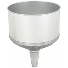 Steel spout funnel with 256 fl oz fluid capacity, 9 5/8 in diameter, and 11 7/8 in height. Includes a removable 50 Grit mesh screen filter for straining debris. Suitable for transferring large volumes of fluids in industrial maintenance and fluid-handling tasks.