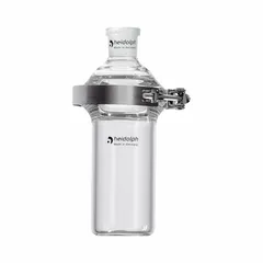Colorless round glass boiling flask with 5,000 mL capacity. Compatible with 24/40 stopper size. Used as a component in rotary evaporators for holding and heating solvent mixtures under reduced pressure during laboratory evaporation processes.