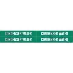 Green pipe marker with white legend reading 'Condenser Water', designed for pipe outer diameters from 3/4 to 2-3/8 inches. Set of 4 markers without arrows, used to identify condenser water lines in facility and industrial piping systems.