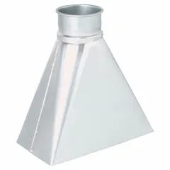 This steel hood is designed for use with 5-inch diameter ductwork in dust collection systems. It features a 5-inch outlet, 12-inch overall length, and is constructed from 20-gauge steel. Commonly used to capture dust and debris at the source in woodworking or composite routing operations.