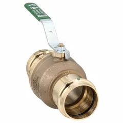 This VIEGA PROPRESS ball valve is a 2-inch bronze, straight, two-piece design with press x press connections. It features a locking lever handle for manual on/off flow control. Suitable for use in plumbing, HVAC, and process piping systems handling water, oil, or non-corrosive gases.