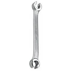 Double-end, standard-head, 6-point flare nut wrench made of alloy steel with a satin finish. Designed for tightening or loosening flare nuts on fuel, brake, and hydraulic lines. Features 13 mm and 14 mm head sizes with an overall length of 7-1/2 inches.