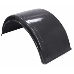 Semi-type rear fender made of smooth-finish polyethylene with bolt-on mounting. Measures 22 2/5 inches in width. Used on trailers and equipment to reduce road spray and debris kick-up.