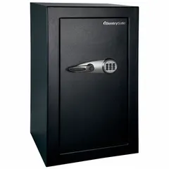 Free-standing security safe with 6.01 cu ft capacity, constructed of steel. Measures 37 3/8 in H x 21 3/4 in W x 19 3/4 in D. Features a digital combination lock and 3 live locking bolts. Not fire rated. Suitable for securing valuables, documents, and small assets in commercial or residential settings.