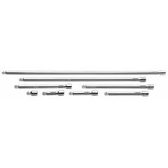 This wobble hand socket extension set features a 3/8 in drive size and chrome finish. It allows access to fasteners in tight or offset positions where a rigid extension cannot align. Suitable for automotive repair, industrial maintenance, and assembly work.