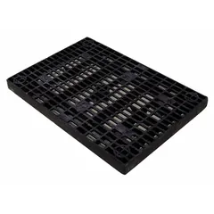 Black plastic elevation grid for use with decontamination shower systems. Measures 2-7/8 in x 3 ft x 2 ft. Provides a raised, slip-resistant surface to improve drainage and hygiene during decontamination procedures.