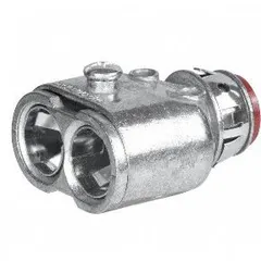 Straight duplex box connector for securing 3/8 in trade size AC cable to a junction box. Die-cast zinc construction with push-in and snap-in installation. Includes nylon anti-short bushing. cULus Listed.