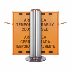 Single-post retractable belt barrier system with a 40-inch post height and a 13 1/2 ft orange belt displaying the message 'Area Temporarily Closed.' The belt has a round flat profile. Hardware is included for assembly. Used for temporary crowd control and area delineation in industrial, warehouse, and public settings.