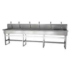 This six-station freestanding wash station features sensor-operated faucets with a 0.5 gpm flow rate for touch-free handwashing. The unit is AC powered, with a 117-inch bowl length and 8-inch bowl depth. Side splash is not included. Suitable for high-traffic commercial environments requiring multiple handwashing stations.
