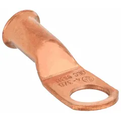 This straight copper lug is designed for terminating 4 gauge wire to a 3/8 inch stud. It supports both crimp and solder connections for secure, low-resistance joints. Suitable for use in electrical panels, battery banks, and power distribution systems.