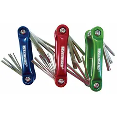 This folding hex key set includes 5 pieces with both metric and SAE sizes, standard and short ends. The keys feature a chrome finish and are designed for tightening or loosening hex socket screws and bolts in mechanical assembly, maintenance, and repair tasks.