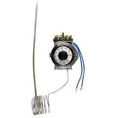 Electric thermostat for cooking equipment with a temperature range of 100°F to 550°F, 100 to 550 dial, and 60-inch capillary. Operates on 120V AC/277V AC input voltage. Suitable for commercial ovens, fryers, and grills.