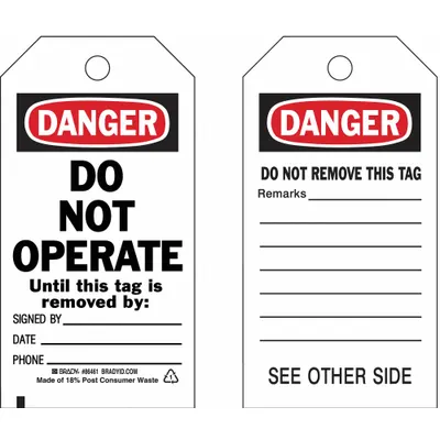 BRADY Danger Tag: Danger, Danger Do Not Operate, Polyester, Date/Phone/Remarks/Signed By - Safety