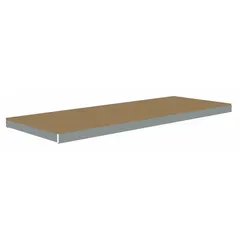 This shelf kit includes a gray particleboard deck and two zinc-plated steel angle beams for boltless shelving systems. The single straight shelf configuration is suited for medium-duty storage of pallets or cartons in warehouses and industrial areas.