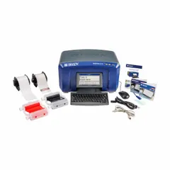 This desktop printer supports mobile device, PC, or standalone operation for creating lockout/tagout labels. It includes Brady Workstation Safety and Facility Identification Software Suite, a 3 in x 100 ft roll of White Outdoor Vinyl labels (B30C-3000-595-WT), and 3.25 in x 5.75 in OSHA DANGER Polyester Tags. Typical applications include industrial safety labeling and compliance tagging.