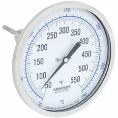 This ASHCROFT dial thermometer features a 5-inch dial with ±1% accuracy and a 2.5-inch stem. The adjustable-angle thread-mount design allows direct installation in process connections for monitoring fluid or gas temperatures in pipes and tanks. Suitable for industrial applications such as HVAC, plumbing, and combustion systems.