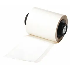 Precut label roll with destructible tamper-indicating material. When removed, the label leaves a visible residue to prove unauthorized access. Each label measures 1 29/32 in x 3 in, white matte finish, 100 labels per roll. Compatible with BMP71 printer series. Used for asset identification and security marking in industrial and facility settings.