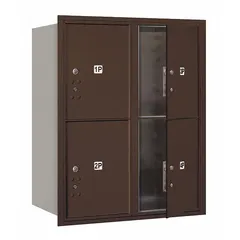 This horizontal multi-unit mailbox features 4 lockable doors and is designed for recessed mounting. With dimensions of 37 7/8 inches high by 31 1/8 inches wide by 16 1/2 inches deep, it provides front access for mail retrieval. Suitable for centralized mail distribution in multi-tenant buildings such as apartment complexes, offices, or condominiums.