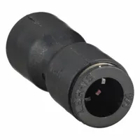 This union fitting connects two tubes of different outer diameters (1/8 in and 1/4 in) in pneumatic or low-pressure fluid systems. It features push-to-connect ends for tool-free installation and is constructed of nylon and nickel-plated brass. Sold as a 10-pack