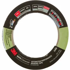 Green masking tape from 3M, 15/16 inches wide and 35 yards long. Used for masking during painting and finishing in automotive repair and industrial coating applications, providing clean paint lines and easy removal without residue.