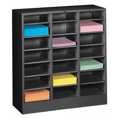 Steel literature sorter with 21 compartments for organizing mail, documents, and small parts. Overall width 30 5/8 in, depth 18 in. Suitable for office, mailroom, and industrial filing applications.