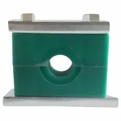 Steel clamp with polypropylene cushion designed to secure three lines in piping systems. The textured core provides vibration dampening and noise reduction. Suitable for use in HVAC, hydraulics, and process piping applications where stable, low-noise support is required.