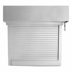 This indoor security shutter is constructed from 18 ga anodized aluminum with a 4 ft opening height and 6 ft opening width. It is not insulated and is intended for indoor use. Typical applications include securing service counters, pass-through windows, and retail kiosks in commercial or industrial settings.