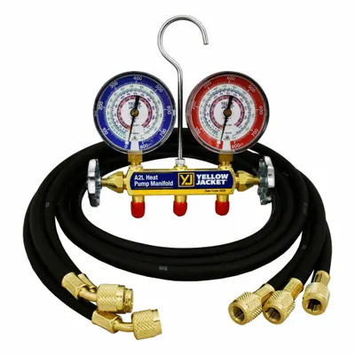 YELLOW JACKET Manifold Gauge: 2 Valves, 3 Hoses, Series Heat Pump Manifold - Analog Manifolds